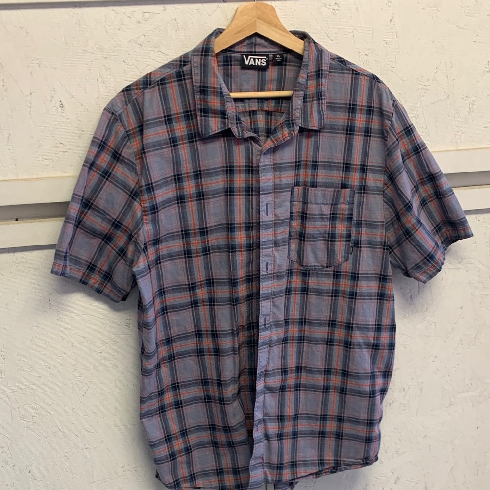 Vans Men's Casual Blue and Red Plaid Shirt